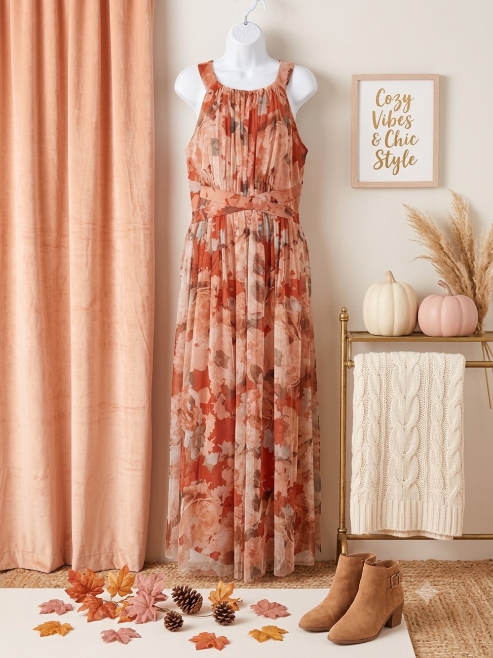 Rust Floral Halter Maxi Dress - Women